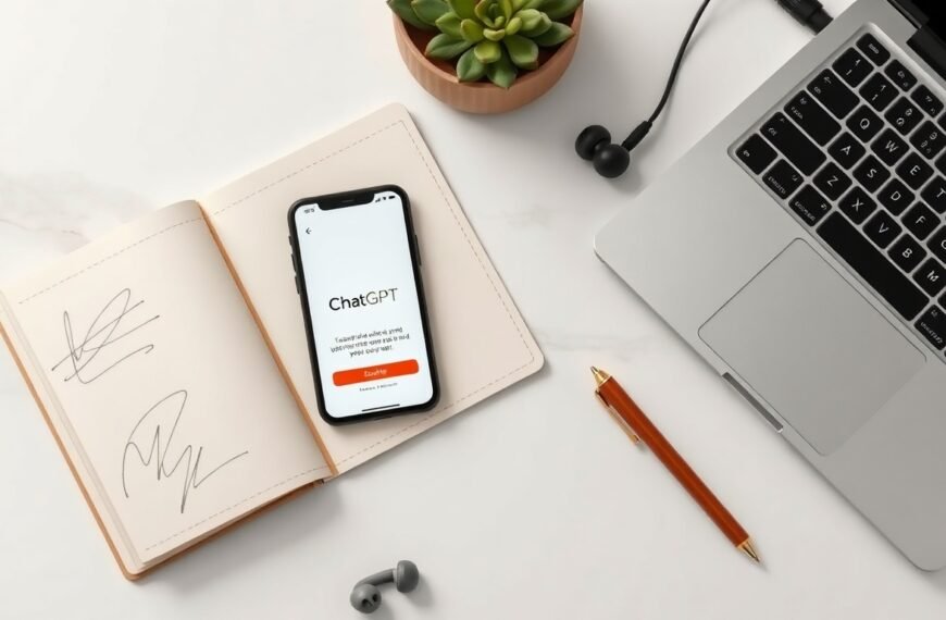 챗지피티 무료버전 - flat lay of smartphone showing ChatGPT free version interface on white desk with notebook and pen, AI technology concept