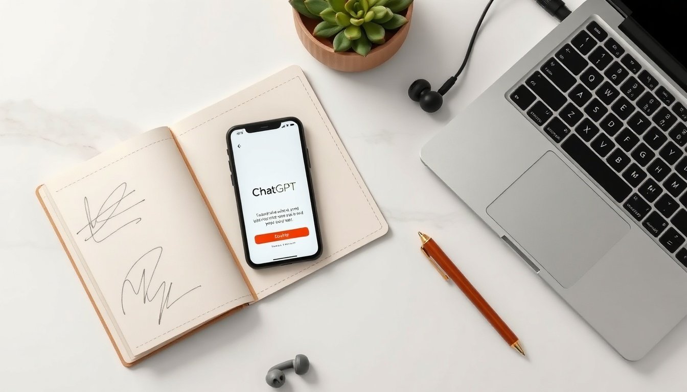 챗지피티 무료버전 - flat lay of smartphone showing ChatGPT free version interface on white desk with notebook and pen, AI technology concept