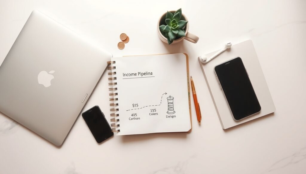 수익 파이프라인 - flat lay of notebook with income pipeline diagram, coins and smartphone on white desk, passive income concept