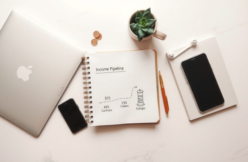 수익 파이프라인 - flat lay of notebook with income pipeline diagram, coins and smartphone on white desk, passive income concept