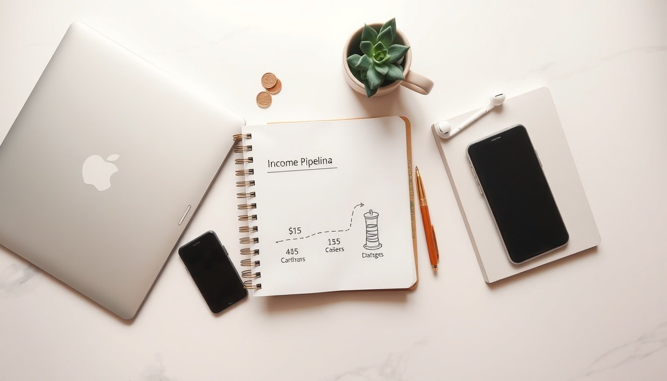 수익 파이프라인 - flat lay of notebook with income pipeline diagram, coins and smartphone on white desk, passive income concept