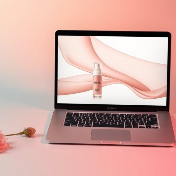 미리캔버스 수익 - flat lay of laptop and tablet displaying Miriicanvas design interface, miriicanvas income concept, overhead view on white desk