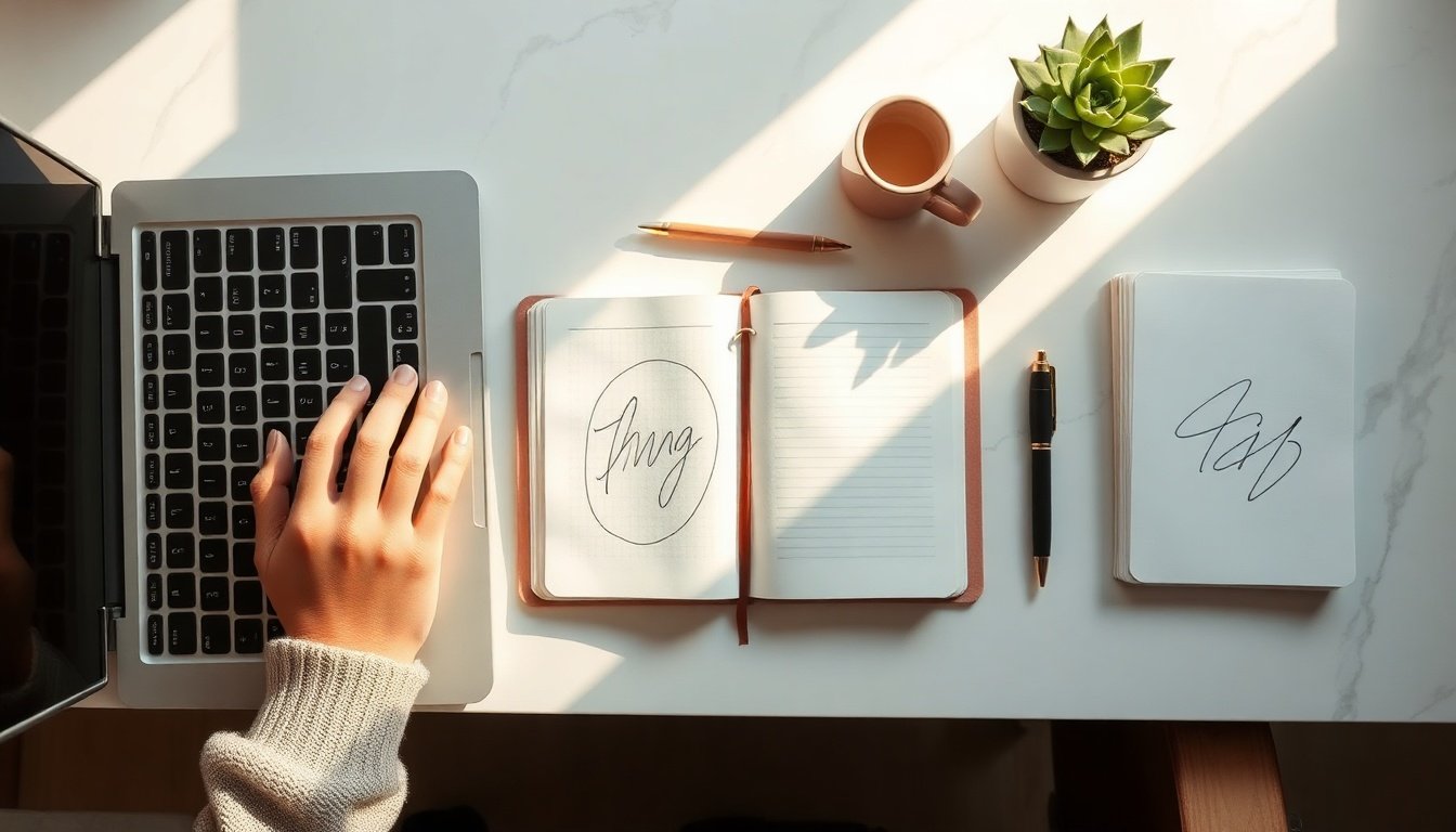무료 챗gpt 한국어 - Korean professional woman upper body shot with face visible, using laptop and taking notes while chatting with AI, natural hands, bright modern office