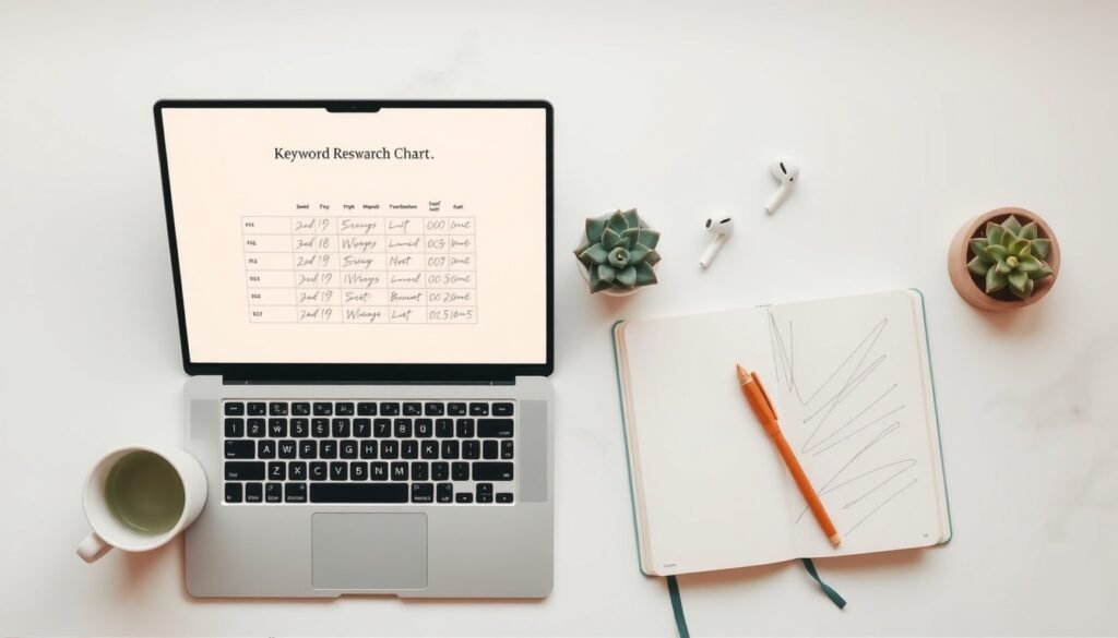 블로그 키워드 선정 - flat lay of laptop and notebook with keyword research chart on screen, blog keyword strategy concept, overhead view