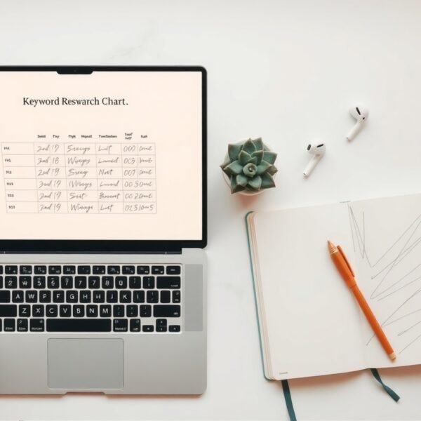 블로그 키워드 선정 - flat lay of laptop and notebook with keyword research chart on screen, blog keyword strategy concept, overhead view