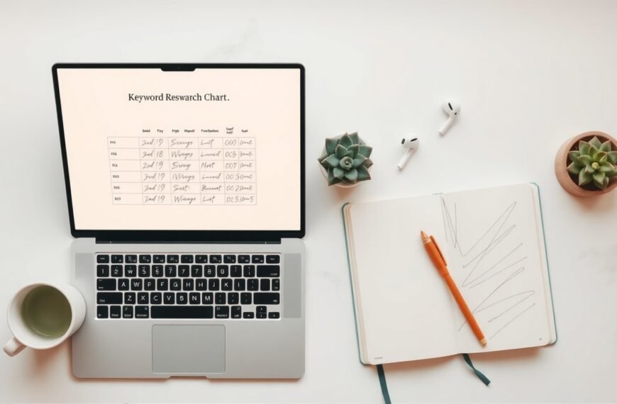 블로그 키워드 선정 - flat lay of laptop and notebook with keyword research chart on screen, blog keyword strategy concept, overhead view