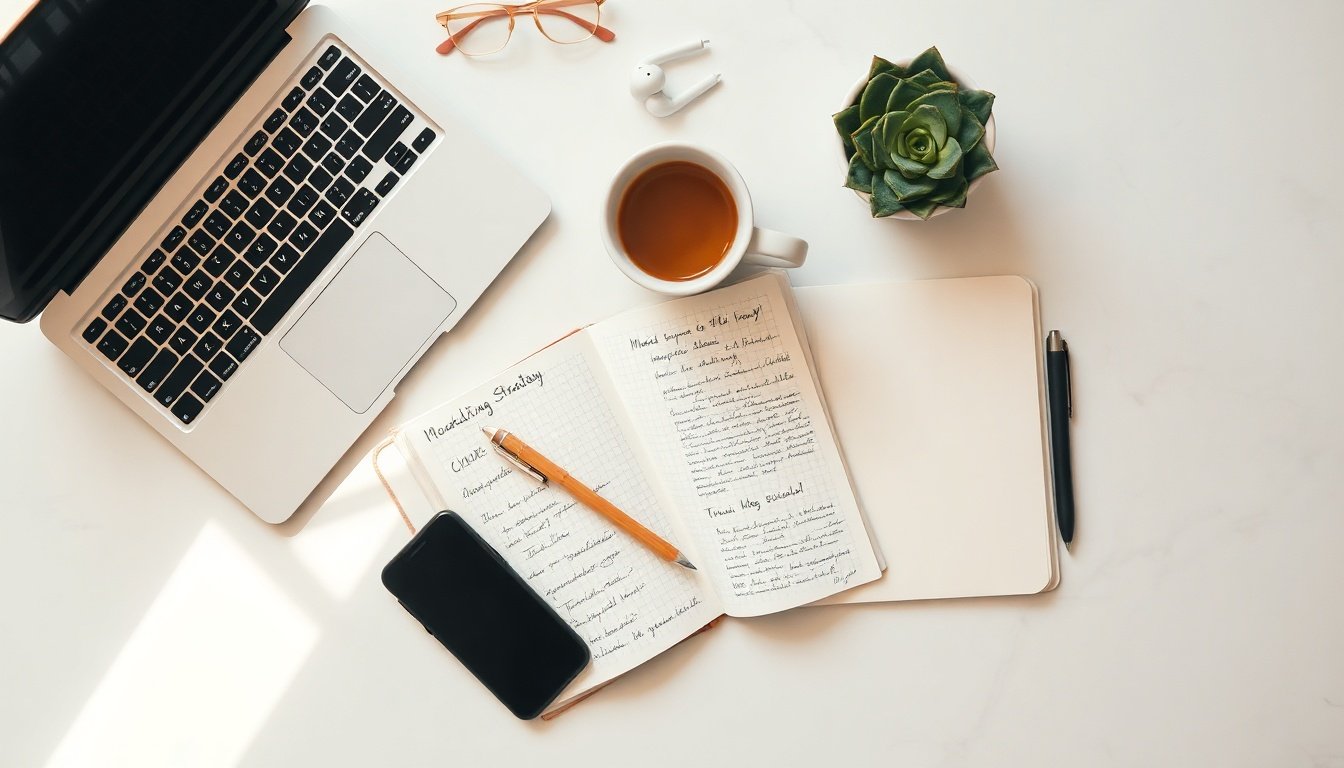 샤오홍슈 - flat lay of Xiaohongshu marketing strategy notes, smartphone, and coffee cup on wooden desk, content planning concept