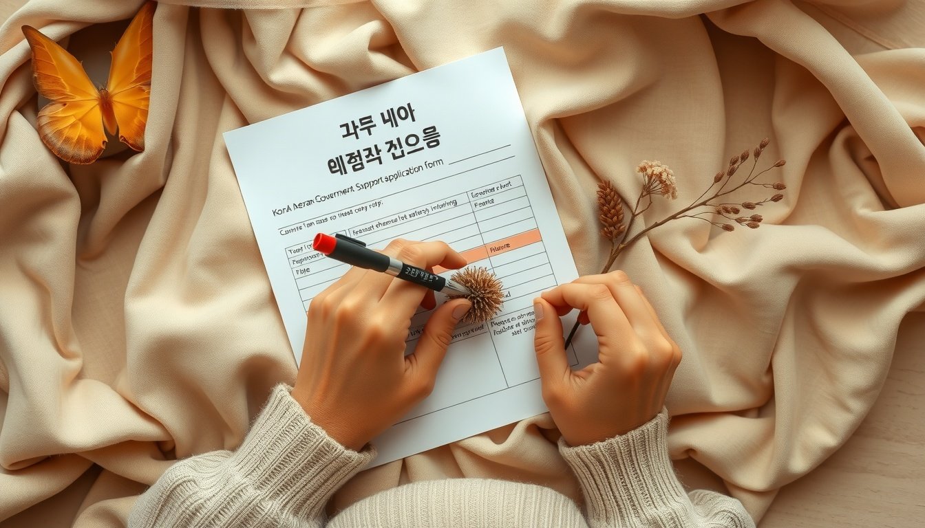 광주 고유가 - overhead view of hands filling out Korean government support application form on white desk, natural hands, high gasoline price relief fund concept