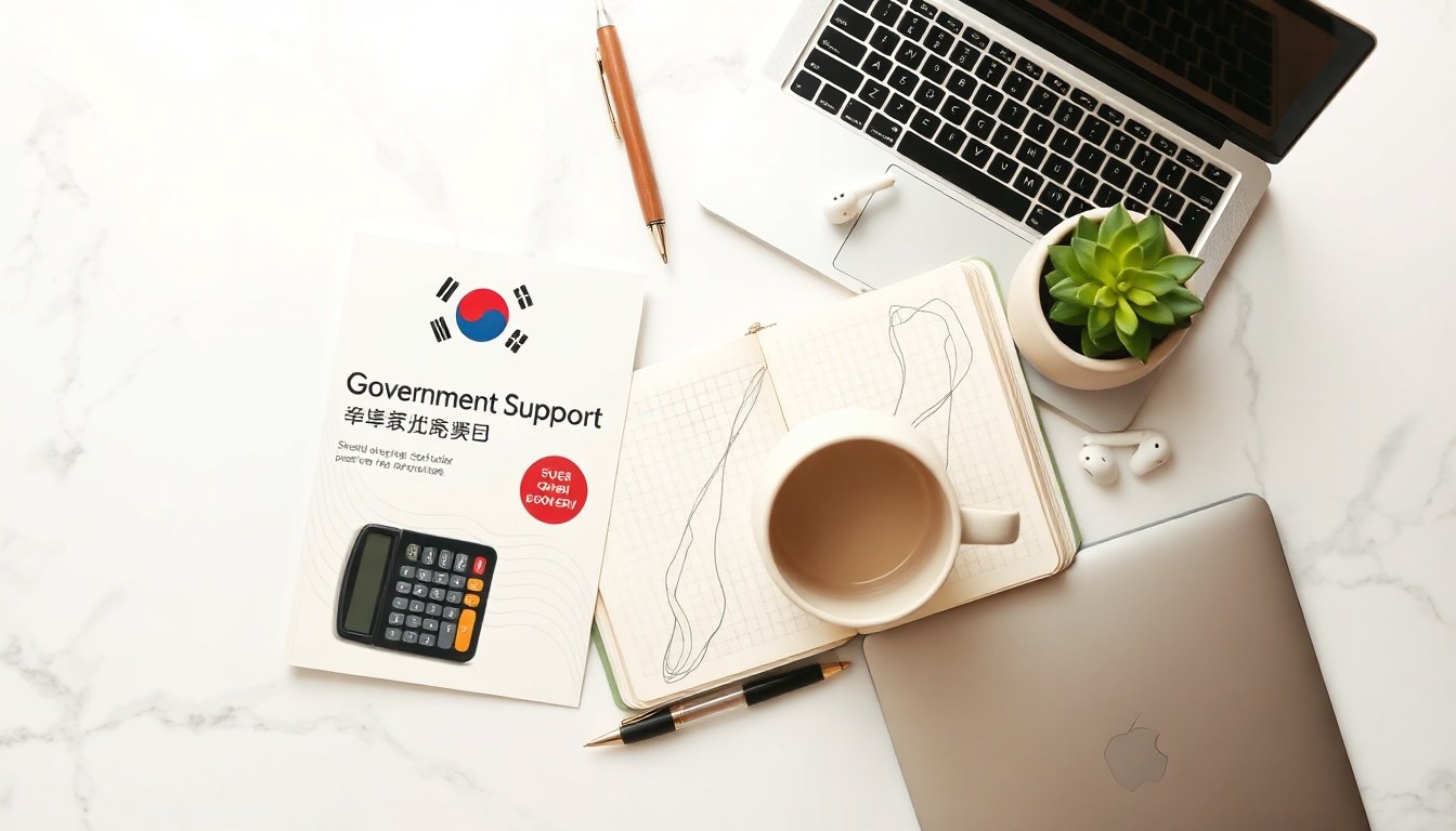 소상공인 지원금 지원금 - flat lay of Korean government support brochure and calculator on desk, small business subsidy application concept