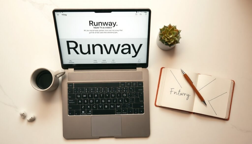 Runway ML - flat lay of laptop screen showing Runway ML AI video generation interface, modern desk setup with notebook