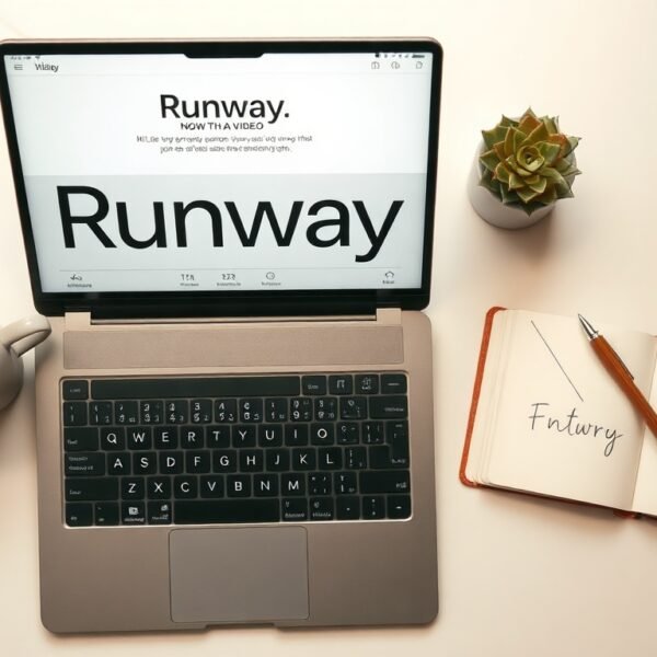 Runway ML - flat lay of laptop screen showing Runway ML AI video generation interface, modern desk setup with notebook