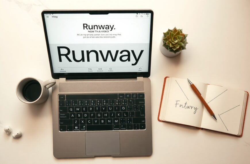Runway ML - flat lay of laptop screen showing Runway ML AI video generation interface, modern desk setup with notebook