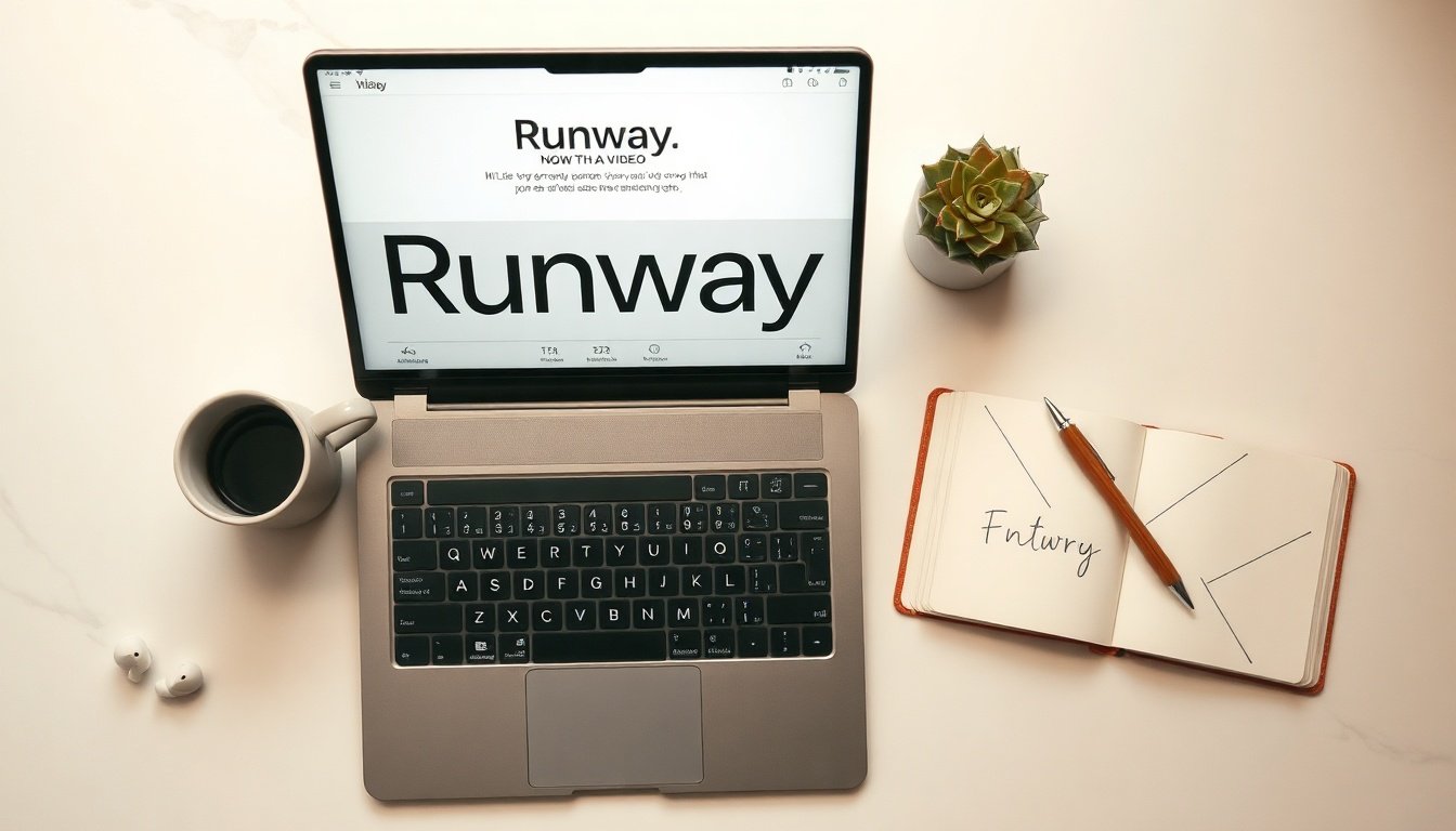 Runway ML - flat lay of laptop screen showing Runway ML AI video generation interface, modern desk setup with notebook