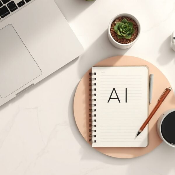 생성형 AI 종류 - flat lay of multiple AI technology icons and digital devices on white desk, generative AI types concept overview
