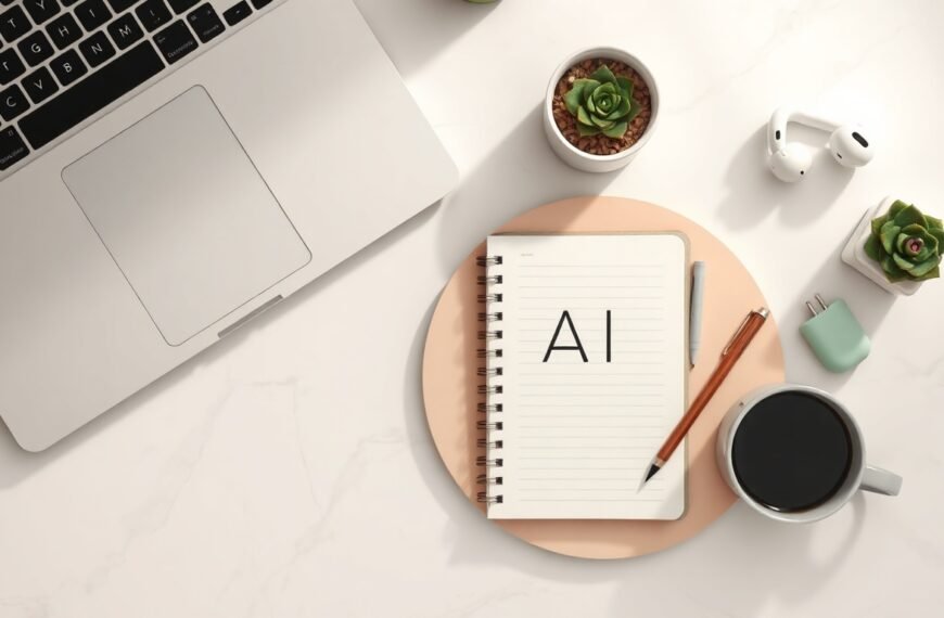 생성형 AI 종류 - flat lay of multiple AI technology icons and digital devices on white desk, generative AI types concept overview