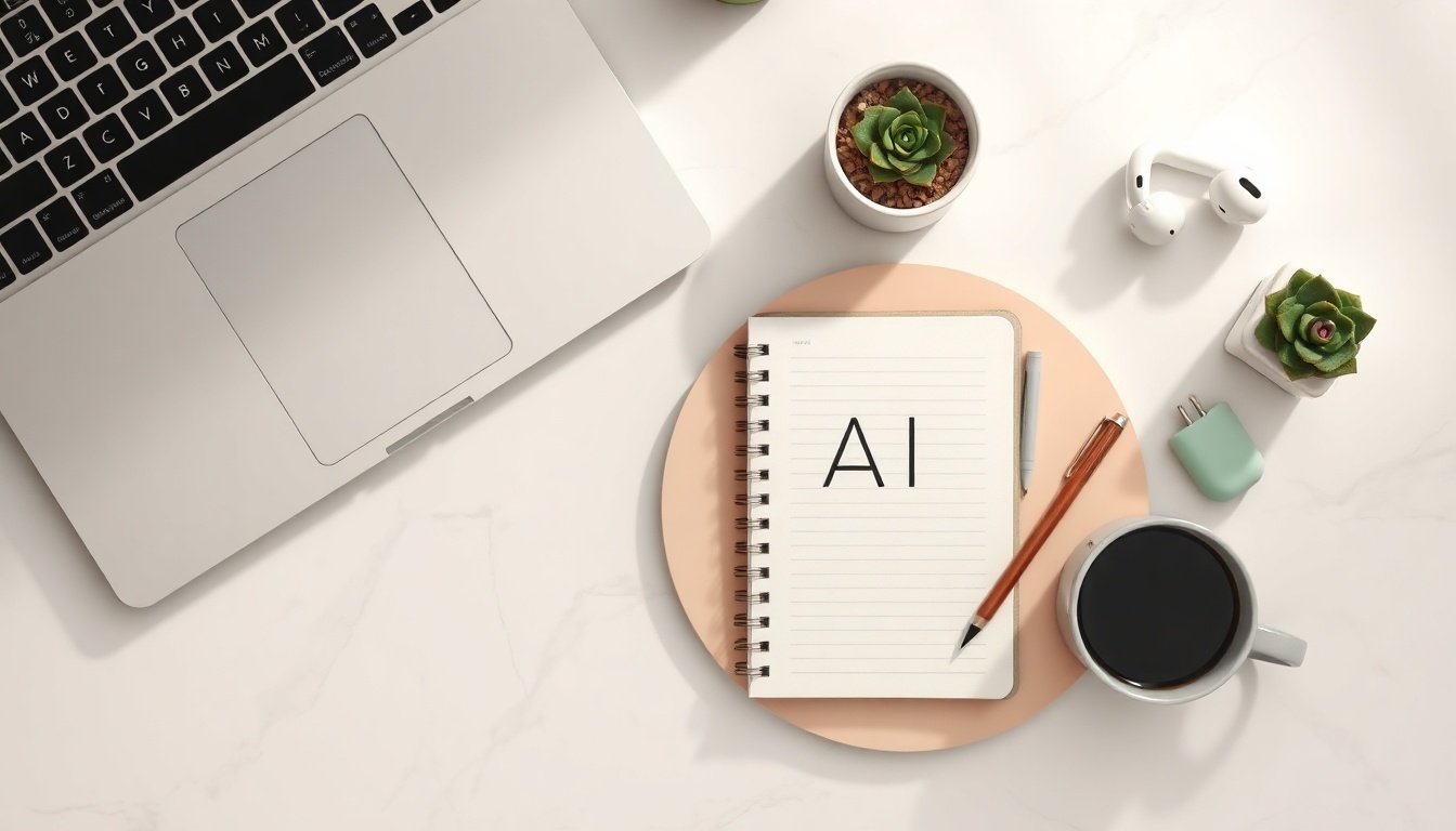생성형 AI 종류 - flat lay of multiple AI technology icons and digital devices on white desk, generative AI types concept overview