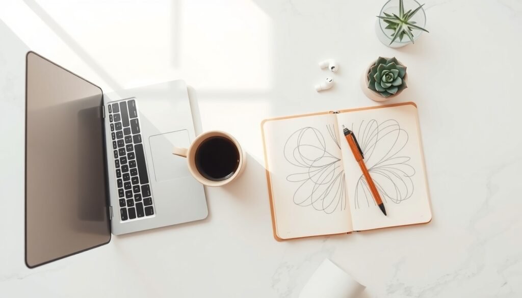 프리랜서 수익 - flat lay of laptop, notebook, and coffee cup on white desk, freelancer income strategy concept