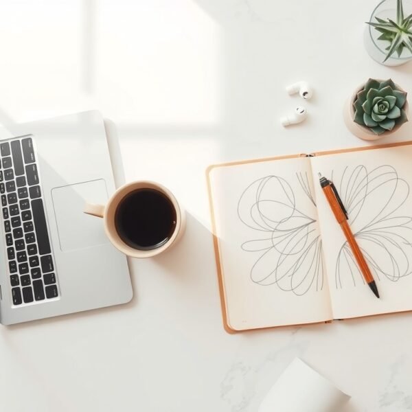 프리랜서 수익 - flat lay of laptop, notebook, and coffee cup on white desk, freelancer income strategy concept