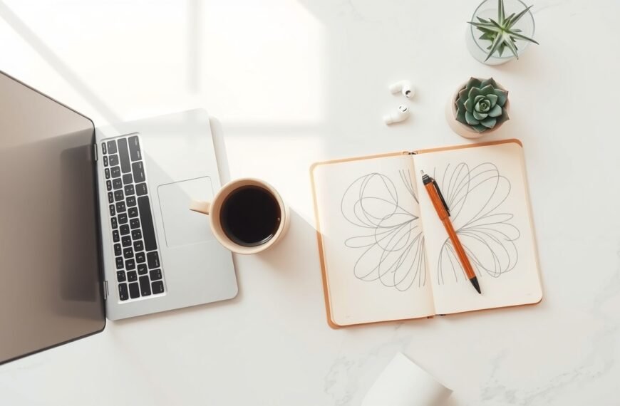프리랜서 수익 - flat lay of laptop, notebook, and coffee cup on white desk, freelancer income strategy concept