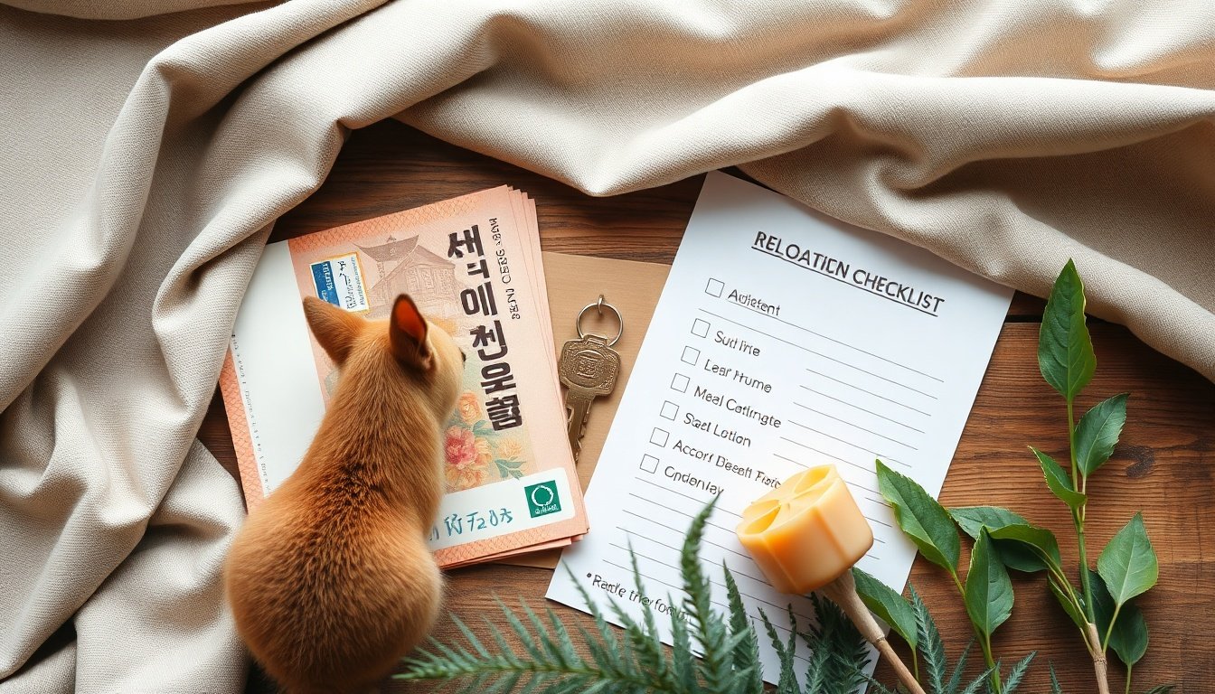 이사만 해도 - flat lay of Korean won banknotes, house key, and relocation checklist on wooden table, monthly moving support fund concept