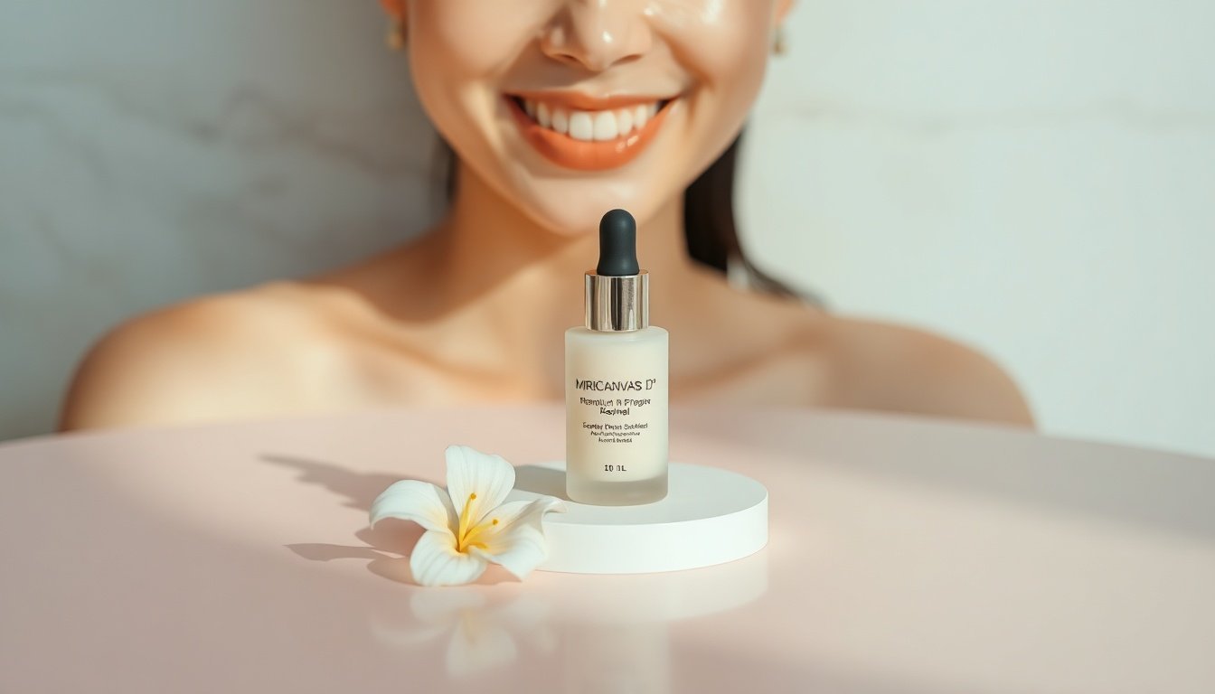 미리캔버스 디자인허브 - Korean woman upper body shot with face visible, smiling while using Miricanvas design hub on desktop computer in bright home office, natural hands