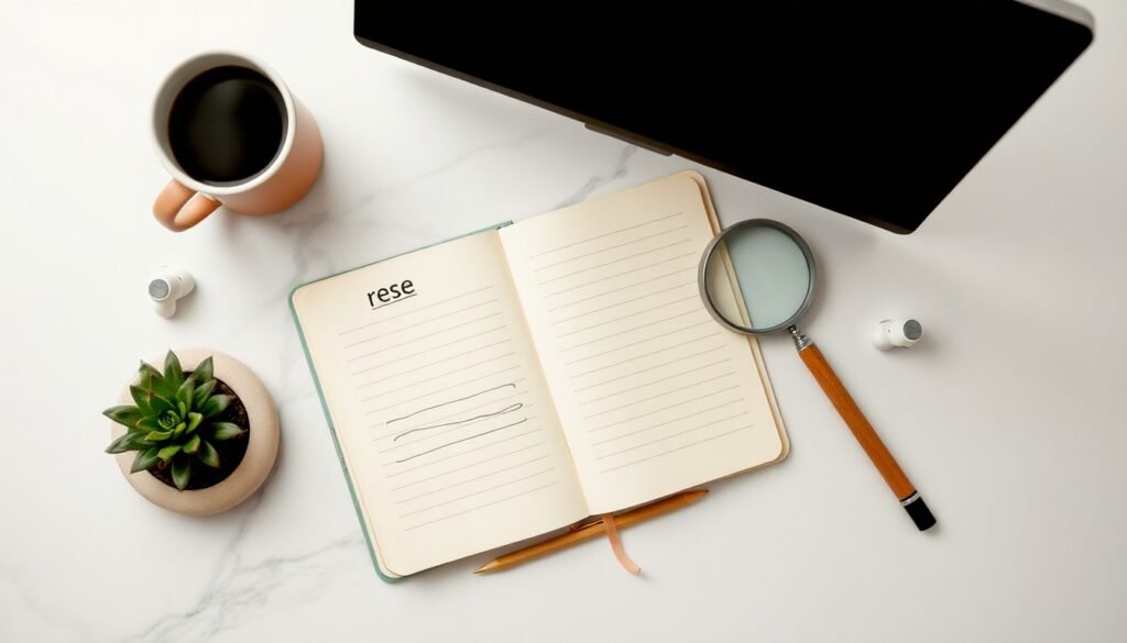 키워드조합기 - flat lay of keyboard, notebook, and magnifying glass on white desk, keyword research strategy concept