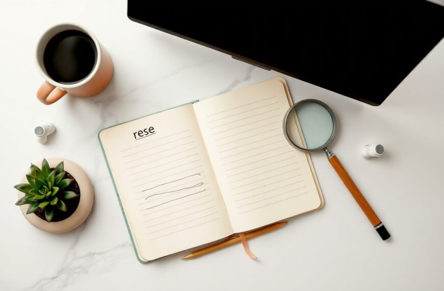 키워드조합기 - flat lay of keyboard, notebook, and magnifying glass on white desk, keyword research strategy concept