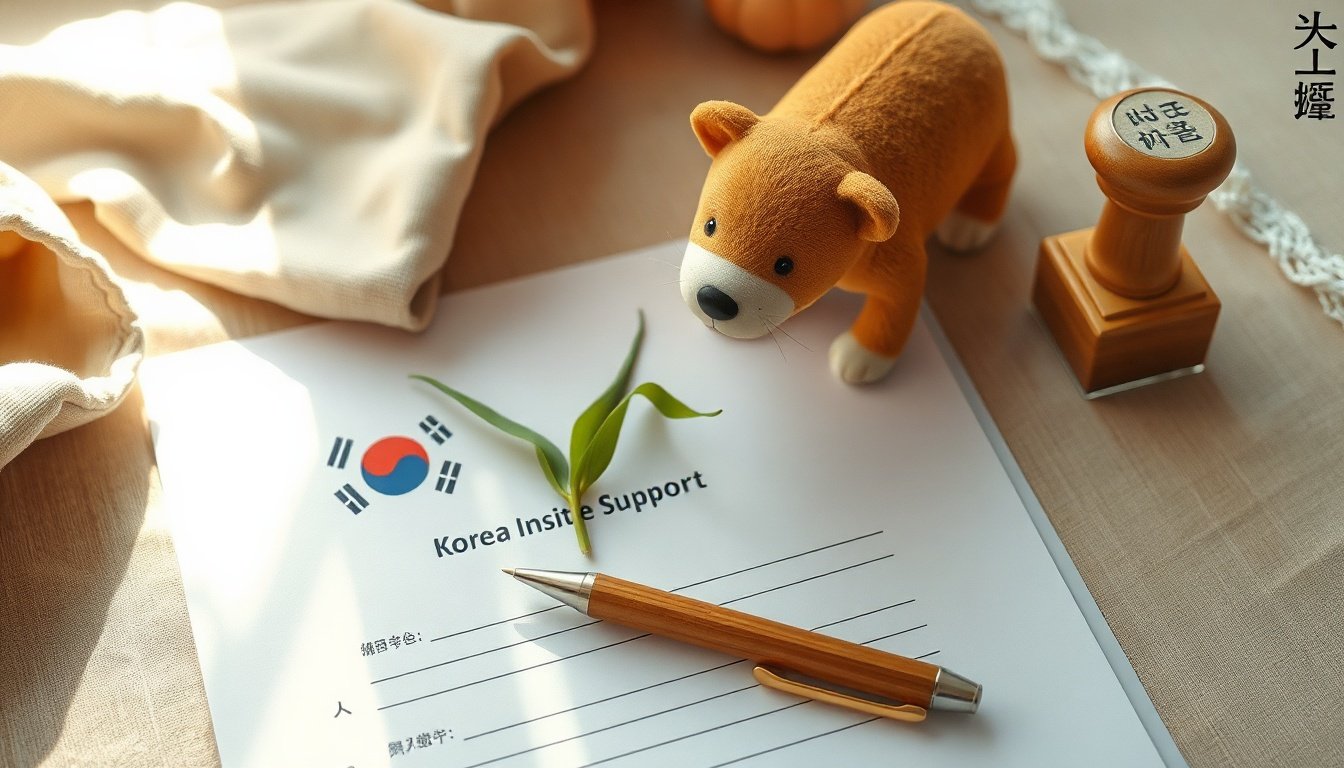 타우바우 - flat lay of Korean government support application form, pen, and official stamp on wooden desk, subsidy application concept