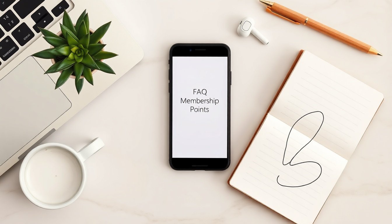 유플러스멤버십 - flat lay of smartphone showing FAQ or membership points screen, Uplus membership app concept, overhead view on wooden desk