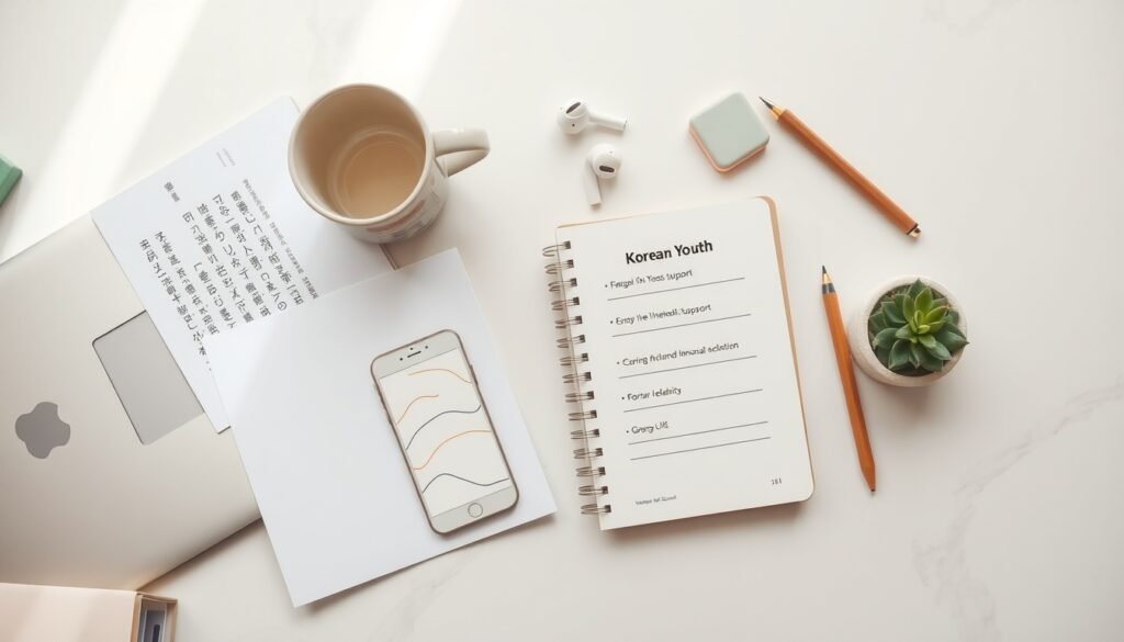 이재명 대통령 - flat lay of Korean youth financial support policy documents and smartphone on white desk, government support program concept