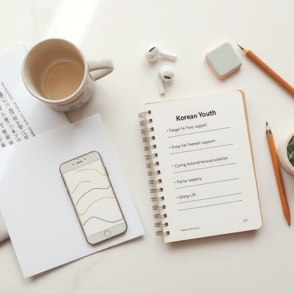 이재명 대통령 - flat lay of Korean youth financial support policy documents and smartphone on white desk, government support program concept