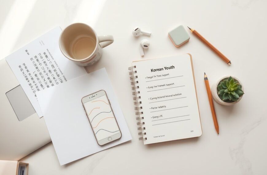 이재명 대통령 - flat lay of Korean youth financial support policy documents and smartphone on white desk, government support program concept