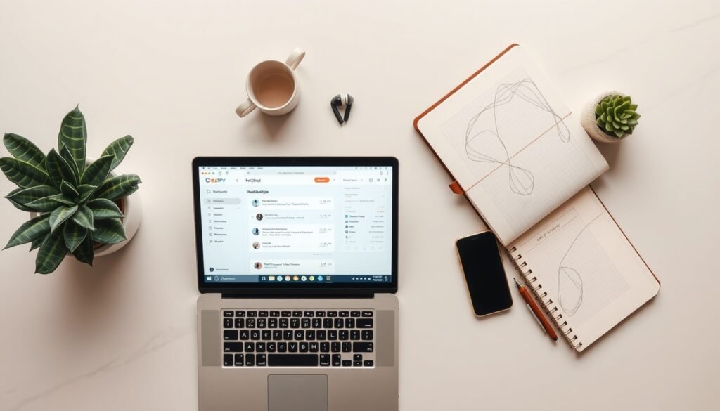 ChatGPT - flat lay of laptop showing ChatGPT interface on screen, smartphone and notebook beside it, modern white desk, productivity concept