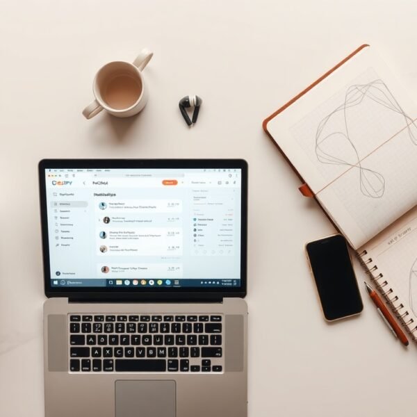 ChatGPT - flat lay of laptop showing ChatGPT interface on screen, smartphone and notebook beside it, modern white desk, productivity concept
