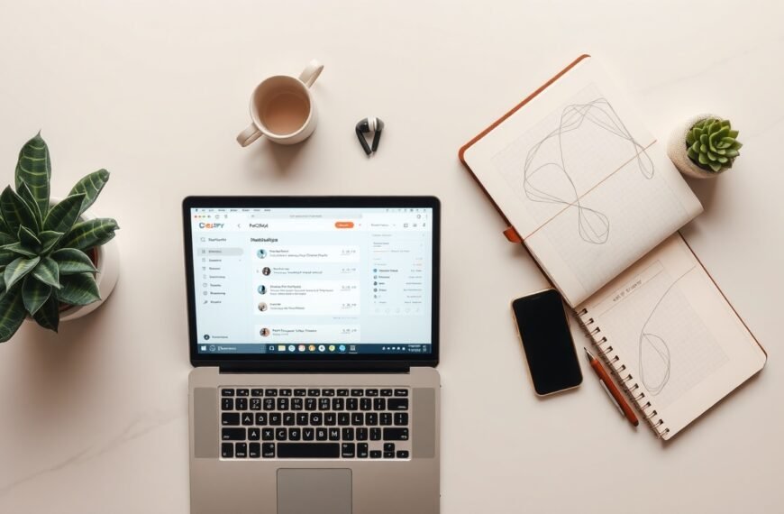 ChatGPT - flat lay of laptop showing ChatGPT interface on screen, smartphone and notebook beside it, modern white desk, productivity concept