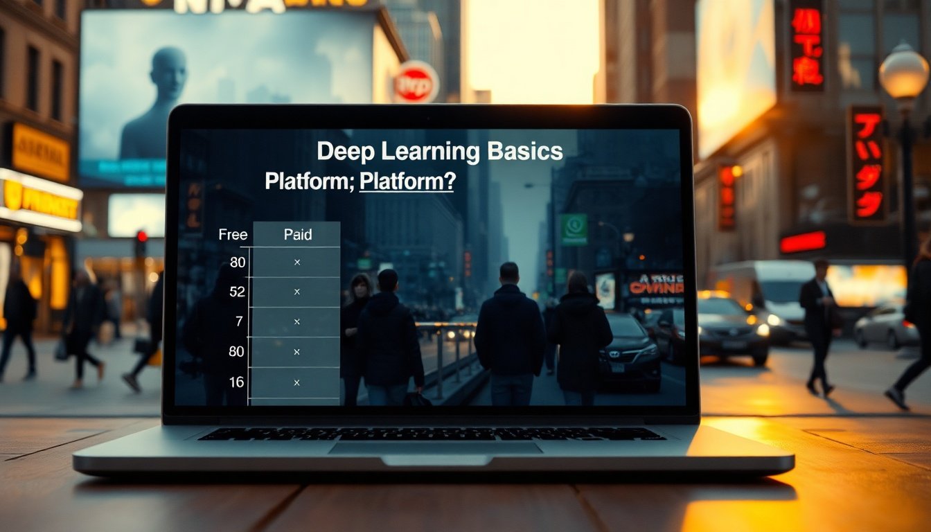 딥러닝 기초 - comparison chart of free and paid deep learning basics platforms on laptop screen, flat lay overhead view