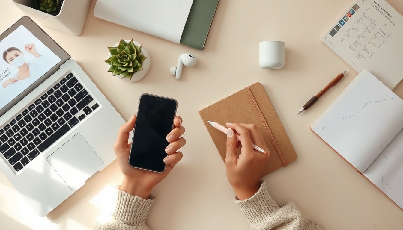 샤오홍슈 - upper body shot of Korean woman with face visible, holding smartphone and analyzing social media analytics dashboard, natural hands, professional office background