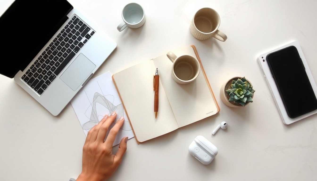 구글챗GPT 디지털노마드 업무 활용 후기 - Korean digital nomad upper body shot with face visible, working on laptop in bright home office, natural hands typing, productivity concept