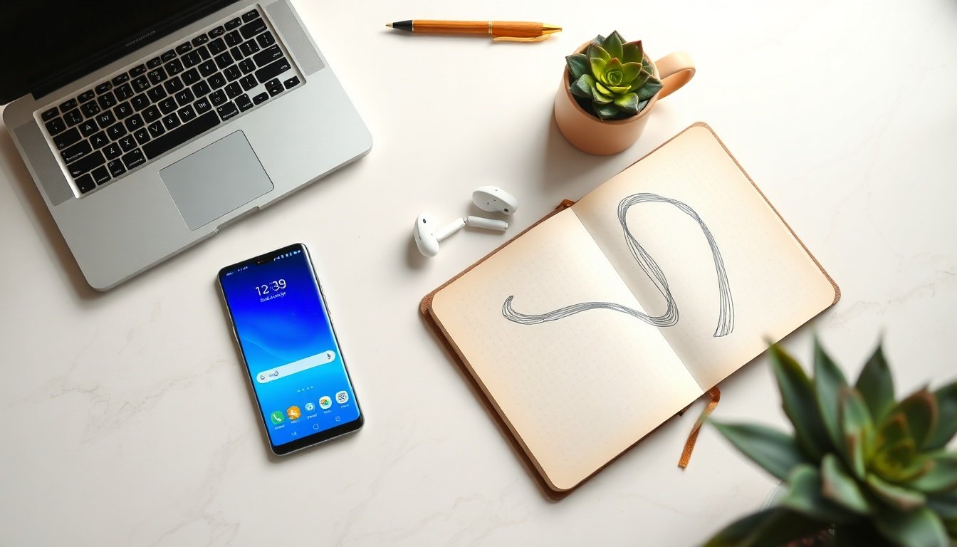 올트먼 삼성전자에 - flat lay of Samsung Galaxy smartphone and OpenAI ChatGPT interface on modern desk, AI technology collaboration concept, top view