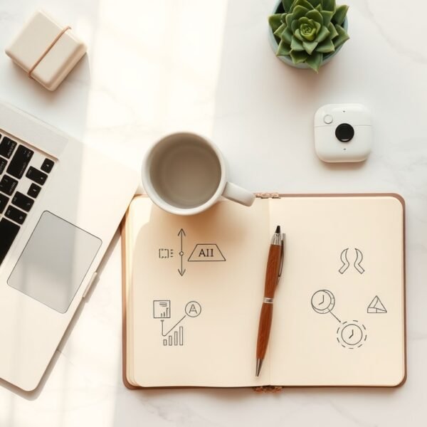 도입보다 인식 - flat lay of AI transformation concept with laptop, notebook, and digital icons on modern office desk, AX education strategy