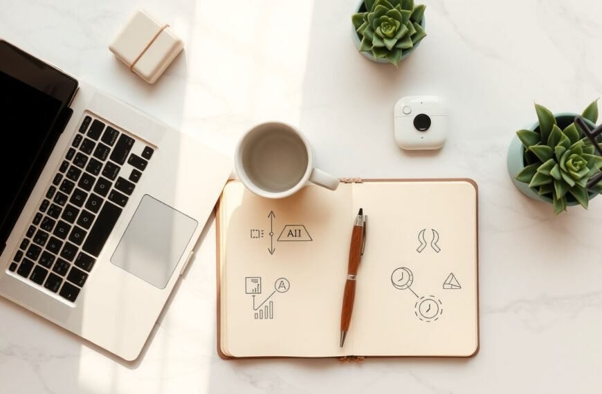 도입보다 인식 - flat lay of AI transformation concept with laptop, notebook, and digital icons on modern office desk, AX education strategy