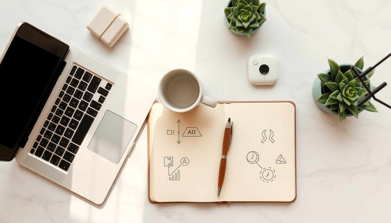 도입보다 인식 - flat lay of AI transformation concept with laptop, notebook, and digital icons on modern office desk, AX education strategy