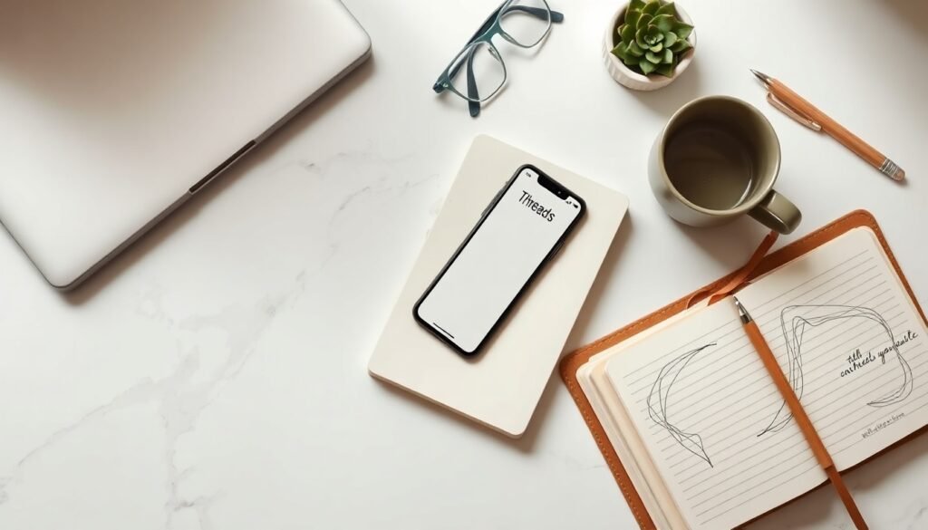 스레드 수익화 강의 - flat lay of smartphone showing Threads app interface with notebook and pen on white desk, SNS monetization concept