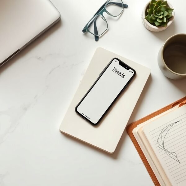 스레드 수익화 강의 - flat lay of smartphone showing Threads app interface with notebook and pen on white desk, SNS monetization concept