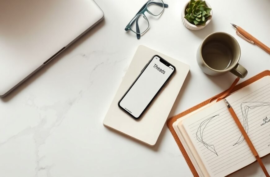 스레드 수익화 강의 - flat lay of smartphone showing Threads app interface with notebook and pen on white desk, SNS monetization concept