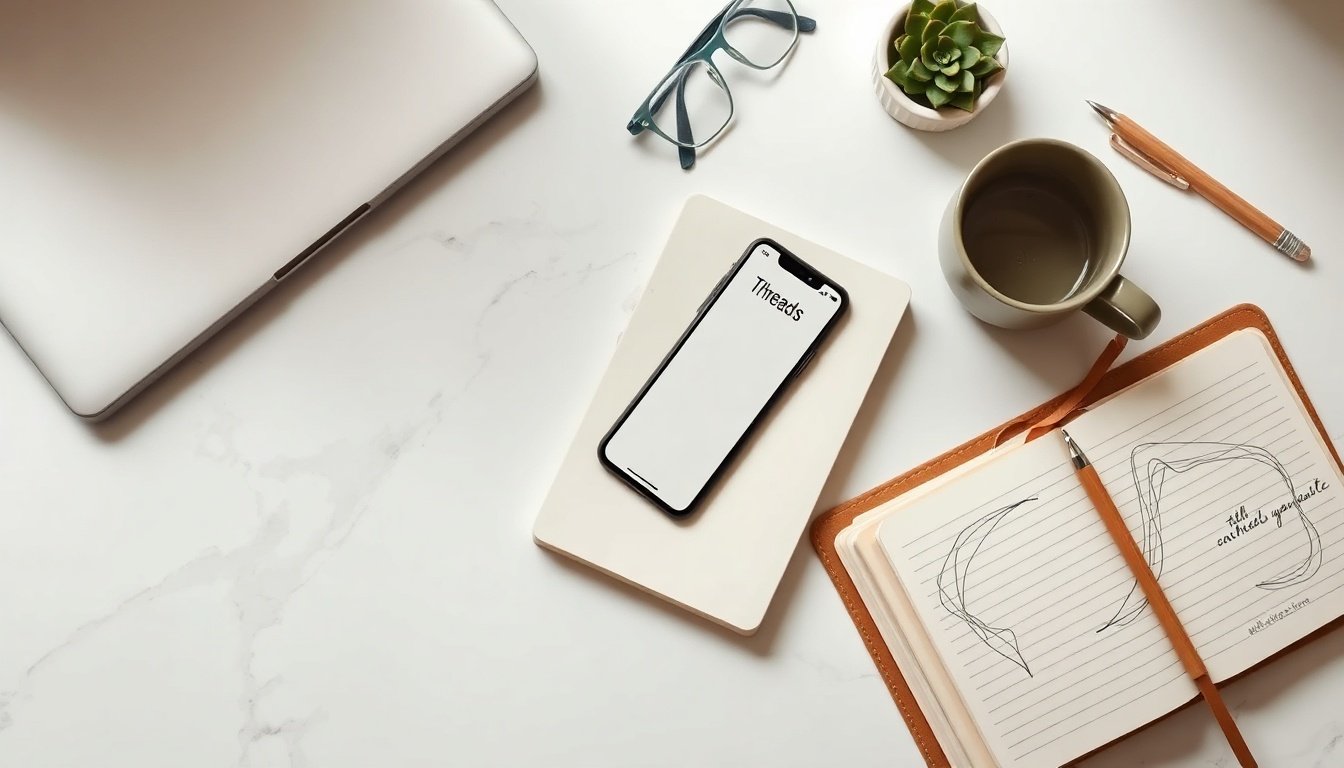 스레드 수익화 강의 - flat lay of smartphone showing Threads app interface with notebook and pen on white desk, SNS monetization concept