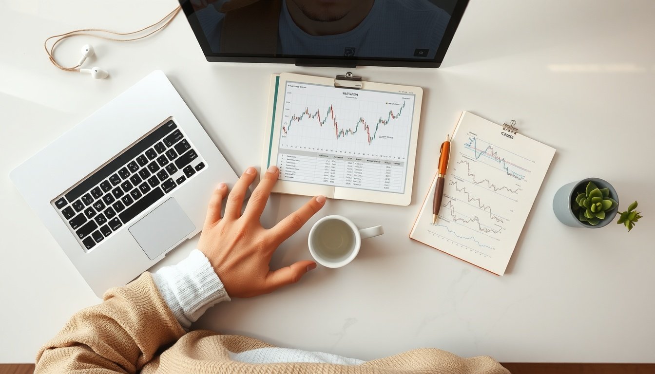 해외 주식 - upper body shot of Korean man with face visible, analyzing stock charts on laptop and smartphone, natural hands, bright modern office background