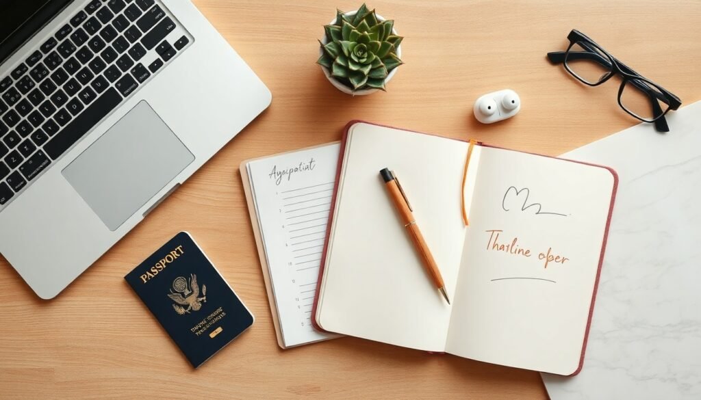 ChatGPT 디지털노마드 되는 방법 실전 가이드 - flat lay of laptop, passport, and notebook on wooden desk, ChatGPT digital nomad lifestyle concept