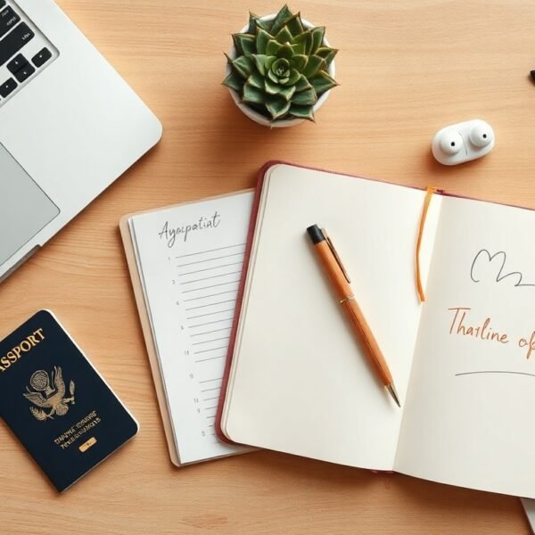 ChatGPT 디지털노마드 되는 방법 실전 가이드 - flat lay of laptop, passport, and notebook on wooden desk, ChatGPT digital nomad lifestyle concept