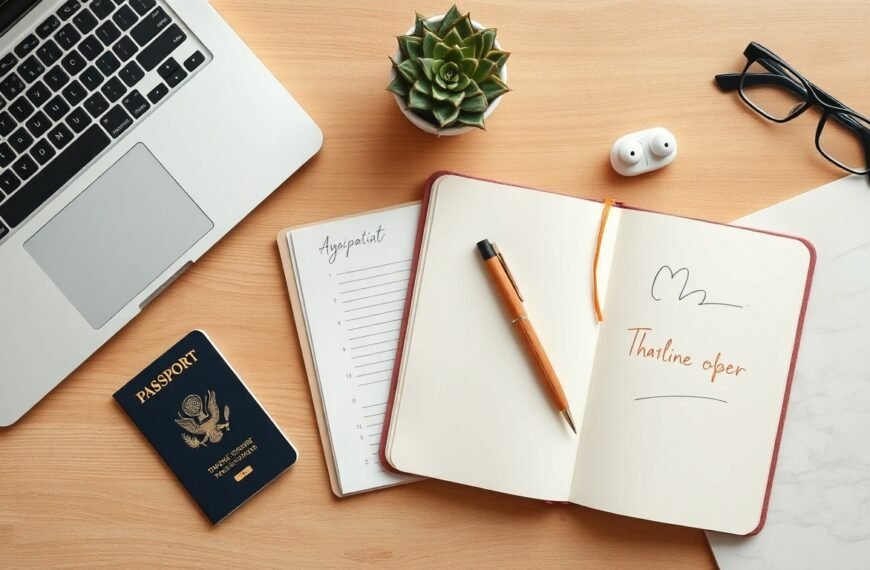 ChatGPT 디지털노마드 되는 방법 실전 가이드 - flat lay of laptop, passport, and notebook on wooden desk, ChatGPT digital nomad lifestyle concept